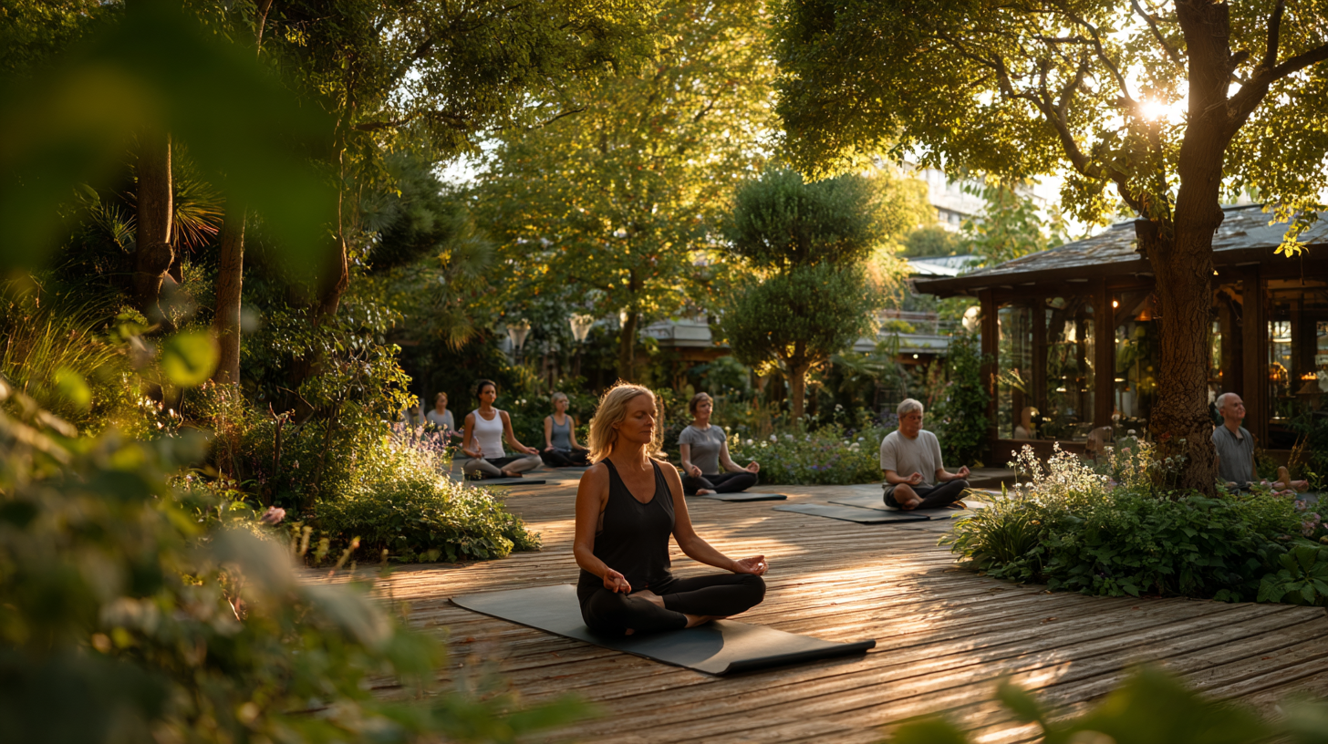 Grup de seniori practicând yoga în natură