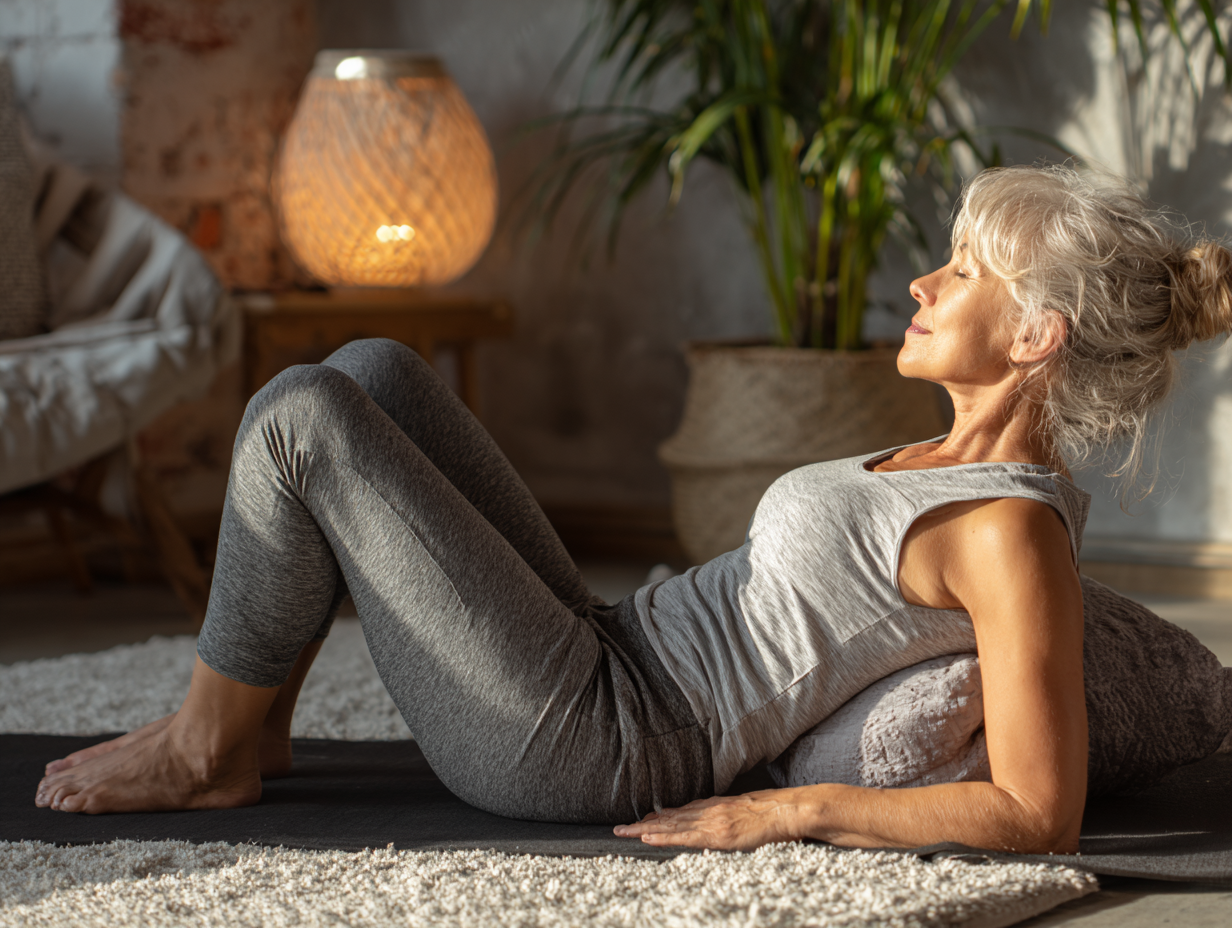 Instructor de yoga lucrând individual cu un senior